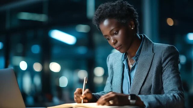 Female Scripting and Journal at Workplace Evening or Management for Schedule Organization for Assessment with Computer African Reporter and Author with Narrative Revision