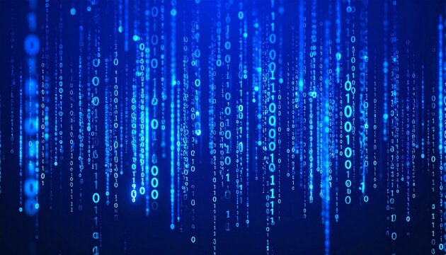 Cascading binary code in digital blue matrix