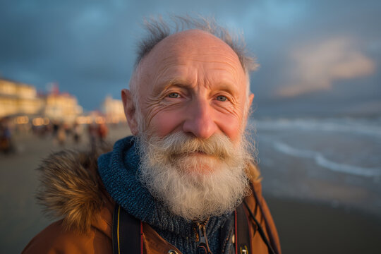 Senior man enjoys a quiet moment by the beach on a sunny weekend - Powered by Adobe