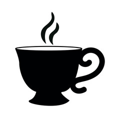 A minimalist black silhouette of a cup with steam rising, representing a hot beverage like coffee or tea.