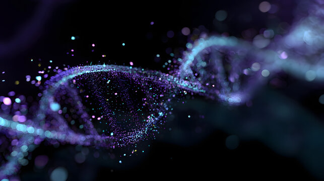 Glowing particles form a swirling double helix structure in the dark. - Powered by Adobe