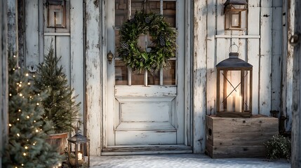 Fototapeta premium Festive rustic porch with a wreath, lantern, and christmas tree decoration
