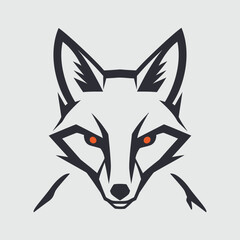 Stylized fox head with sharp lines, orange eyes, and a minimalist design against a light gray background.