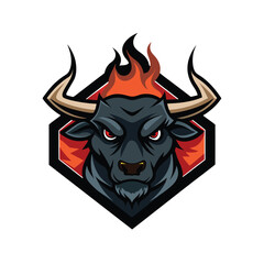 Fierce black bull head with fiery mane and intense red eyes emblem