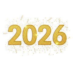 Golden year 2026 number displayed with sparkling confetti and abstract particles isolated on transparent background