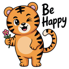 Cute kawaii animal tiger with floating hearts isolated vector illustration on white background