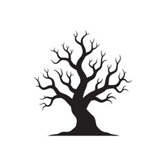 Silhouette of a bare, gnarled tree with intricate branches against a white background, evoking autumn or winter