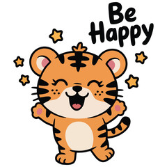 Obraz premium Kawaii tiger with heart shapes around isolated vector illustration on white background