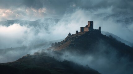 Naklejka premium ancient castle on a foggy hill