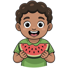 Cartoon boy enjoying food eating isolated vector illustration on white background