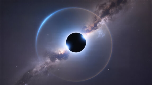 A black hole with a glowing accretion disk and galaxy background satellite