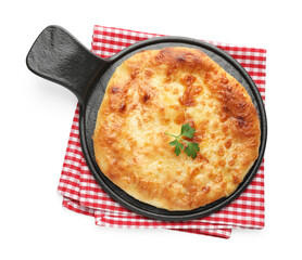 Delicious Megrelian khachapuri with parsley isolated on white, top view