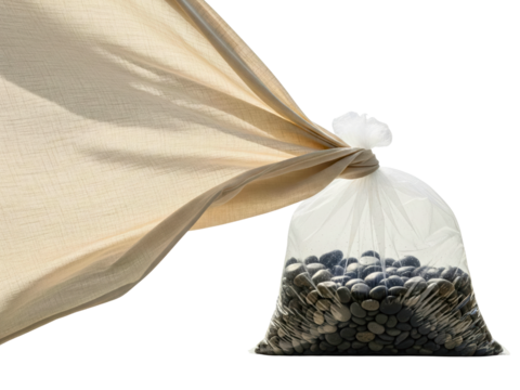 Bag of stones is used as a weight to anchor an outdoor canopy on a transparent background