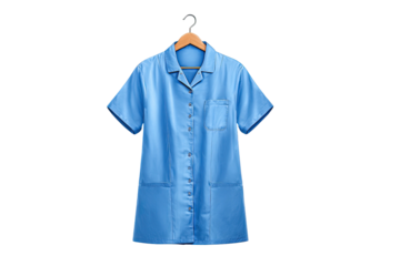 Light blue button-down tunic on hanger