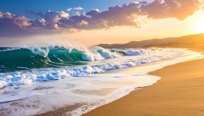 Golden light bathes the beach as waves crash towards the shore under a partly cloudy sky