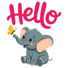 Cartoon elephant greeting design isolated vector illustration on white background