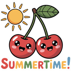 Cartoon fruits with summertime text isolated vector illustration on white background