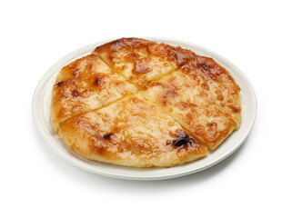 Cut delicious Megrelian khachapuri isolated on white