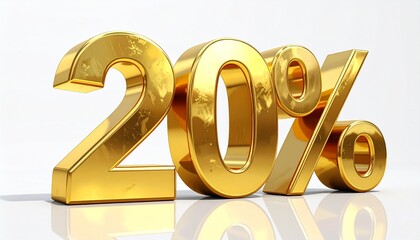 Shiny golden 20% discount or sale percentage number on a white surface with a subtle reflection.