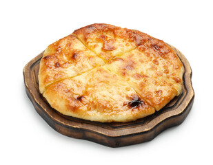 Cut delicious Megrelian khachapuri isolated on white