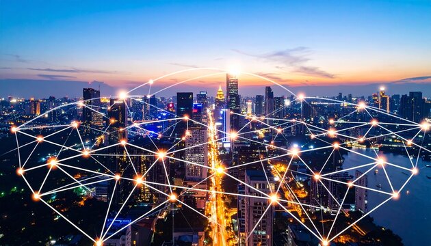 Futuristic smart city at night with glowing data connections visualizing IoT and digital infrastructure.