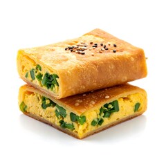 Sliced, golden-brown savory flatbread, stuffed with fluffy yellow eggs and green onions, sprinkled with sesame seeds. A simple, delicious meal