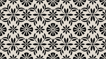 Fototapeta premium A seamless repeating pattern of stylized floral and leaf shapes in black and white monochrome design on transparent background silhouette