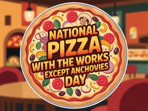 Celebrating national pizza with the works except anchovies day with a delicious fully loaded pizza in a restaurant setting