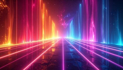 Vivid neon-colored light streams illuminate a futuristic, reflective pathway, creating an immersive, vibrant atmosphere.