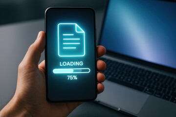Hand holding smartphone displaying loading screen with progress bar and document icon next to laptop