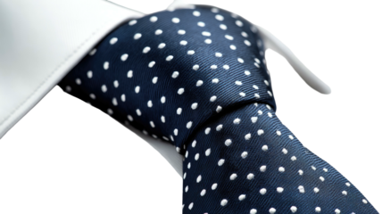 Close-up of a navy blue polka dot tie