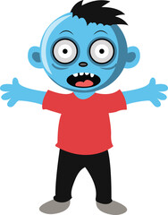 Cute cartoon zombie boy with blue skin and red shirt.