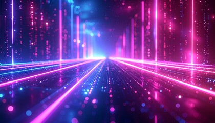 Abstract image featuring glowing pink and blue lines converging into a bright light, creating a futuristic tunnel effect.