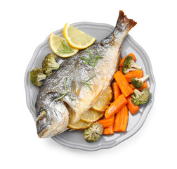 Cooked fish, rosemary, lemon and vegetables isolated on white, top view