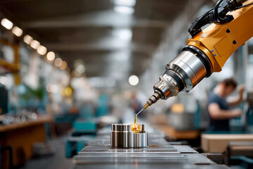 Yellow industrial robot arm precisely assembling metal components smart factory. Automation exemplifies innovation, efficiency, and manufacturing