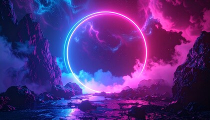 A vibrant neon circle illuminates a surreal landscape with dramatic clouds and rocky formations.