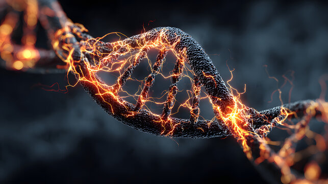 Energetic DNA strand with glowing electrical arcs against dark background.