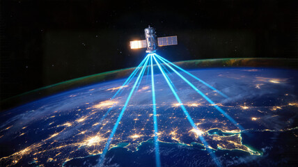 Satellite beaming data to earth at night satellite