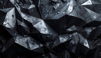 Abstract close-up of dark, crystalline structures with sharp edges and reflective surfaces.
