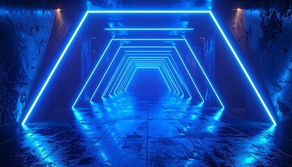 Illuminated blue neon tunnel with geometric shapes and reflections on a wet, textured surface.