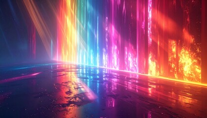 Abstract rendering of vibrant, colorful light beams reflecting on a wet surface.