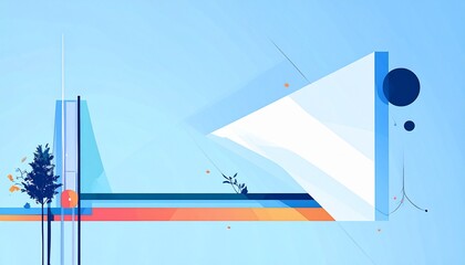 Abstract geometric landscape with a tree, a beam of light, and floating spheres against a blue background.