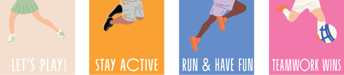 Naklejka premium Square sport poster set with running legs. Stylish, dynamic composition ideal for kids’ products, social media, printables, or sports branding.