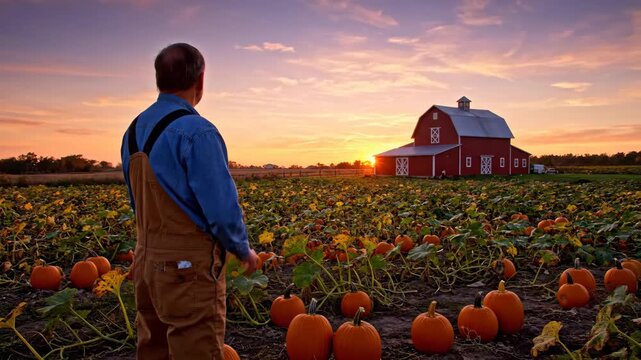 Farmer in Pumpkin Patch at Sunset - A farmer in overalls stands in a pumpkin patch at sunset, looking toward a red barn in the distance.