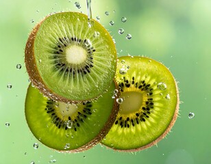 Sliced kiwi fruit bathed in refreshing water droplets, showcasing vibrant green interior with blurred green bokeh background