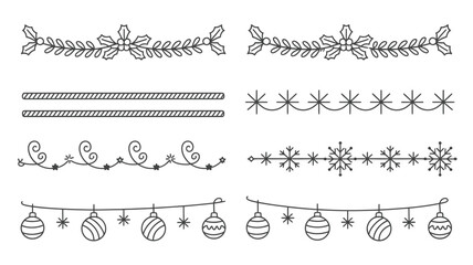 Various christmas themed line art borders with holly leaves snowflakes stars and ornaments on a white background on transparent background silhouette