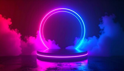Neon circle glowing above a platform, surrounded by pink and blue smoke against a dark background.