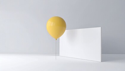 A yellow balloon stands next to a blank white canvas against a light gray wall and floor.