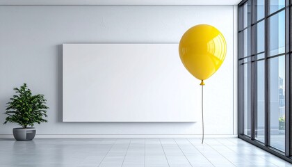Interior scene with a large blank canvas, a yellow balloon, and a potted plant.