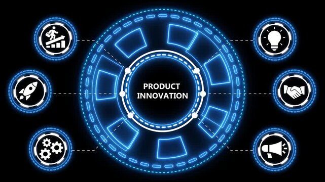 Animated concept visualizing product innovation process with futuristic neon blue technology